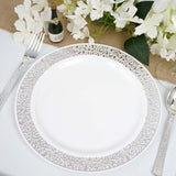 10 Pack | 10inch Elegant Silver Lace Rim White Disposable Dinner Plates, Fancy Plastic Party Plates