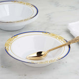 10 Pack | White Round 12oz Disposable Plastic Soup Bowl With Gold Vine and Royal Blue Rim