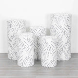 Set of 5 White Wave Mesh Cylinder Pedestal Stand Covers with Embroidered Sequins, Premium