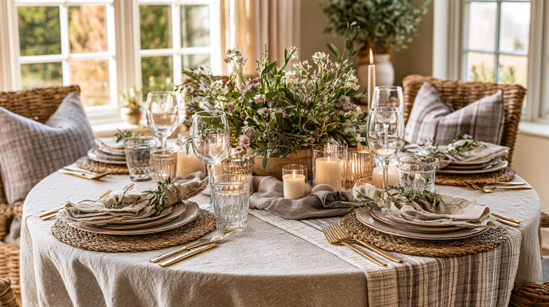 Round dining table with neutral rustic table decor