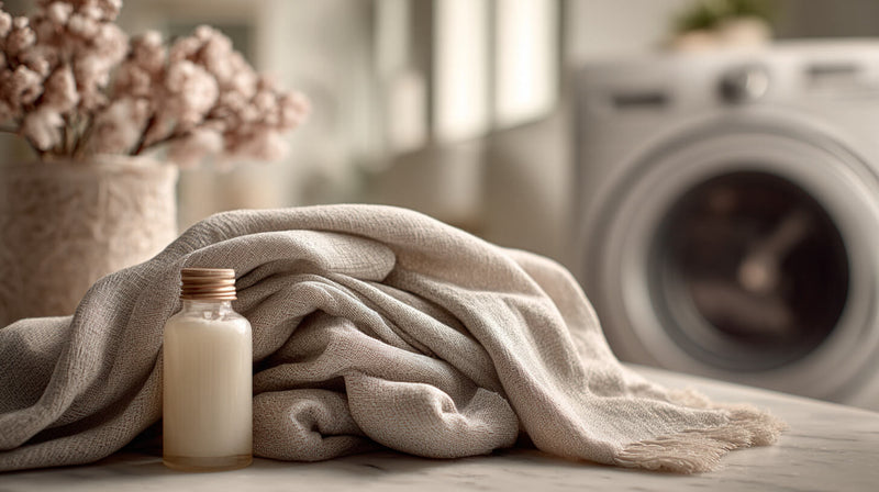 Folded fabric beside a washing machine