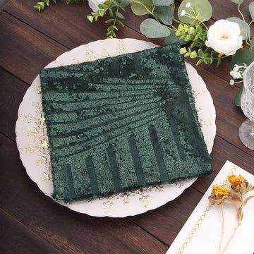 Hunter Emerald Green Geometric Diamond Glitz Sequin Cloth Napkins, Decorative Reusable Dinner Napkins