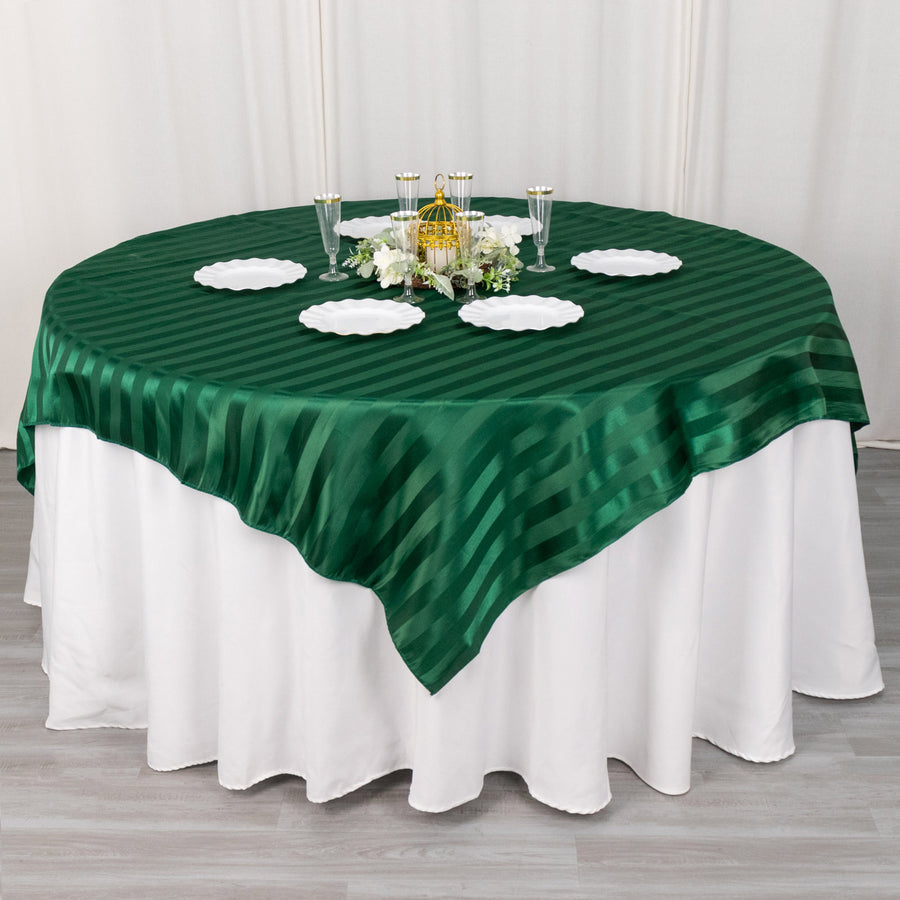 Hunter Emerald Green Satin Stripe Square Table Overlay, Smooth Elegant Table Topper