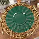 9inch Hunter Emerald Green Heavy Duty Disposable Dinner Plates Gold Ruffled Rim, Plastic Dinnerware