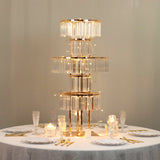 Elegant tiered chandelier with crystal accents and warm lights.