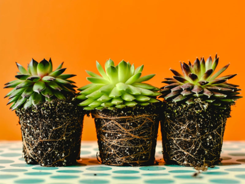 Three potted succulents on an orange background