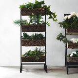 42inch 4-Tier Metal Ladder Plant Stand With Natural Wooden Log Planters