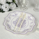 25-Pack Paper Dessert Plates in White with Lavender Lilac Damask Floral Print