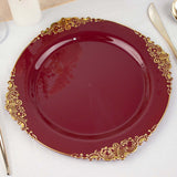 10inch Burgundy Gold Leaf Embossed Baroque Plastic Dinner Plates, Disposable Vintage Round Plates