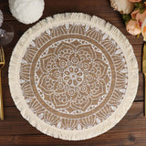 4 Pack | Natural 15inch Jute & White Mandala Print Fringe Placemats