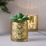 6 Pack | 3inch Shiny Gold Mercury Glass Candle Holders, Votive Tealight Holders - Geometric Design