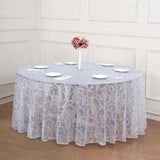 120inch Silver Sequin Leaf Embroidered Seamless Tulle Round Tablecloth, Sheer Table Overlay
