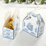 25 Pack Candy Gift Tote Gable Boxes in White Royal Blue Damask Floral Pattern, Party Favor Treat Box