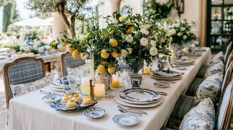 Lemon-themed bridal shower table with blue and white place settings