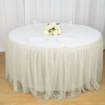 14ft Ivory Premium Pleated Lace Table Skirt