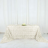 90" x 156" Ivory Grandiose Rosette 3D Satin Rectangle Tablecloth