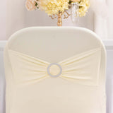 Ivory Spandex Folding Chair Covers with Silver Rhinestone Buckled Sash Band