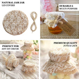 Set of 6 | Natural Jute Linen / White Lace Fabric Mason Jar Lid Covers With Jute String