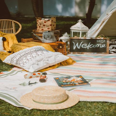 Picnic blanket with straw hat and cushions