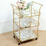 3ft Tall Gold Metal 3-Tier Bar Cart Mirror Serving Tray Kitchen Trolley, Teacart Island Trolley