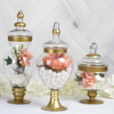 Set of 3 | Large Gold Trim Glass Apothecary Party Favor Candy Jars With Snap On Lids