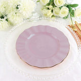 Lavender Lilac Heavy Duty Disposable Dinner Plates with Gold Ruffled Rim, Hard Plastic Dinnerware