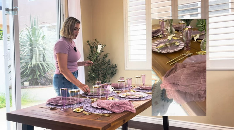 Woman adjusting lavender table setting with inset showing napkin and plate detail.