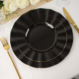 9inch Black Heavy Duty Disposable Dinner Plates with Gold Ruffled Rim, Hard Plastic Dinnerware