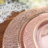 10 Pack | 10inch Blush / Rose Gold Hammered Design Plastic Dinner Plates With Gold Rim