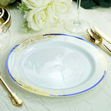 10 Pack | White With Royal Blue Rim 10inch Plastic Dinner Plates, Round With Gold Vine Design