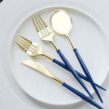 24 Pack | Metallic Gold Modern Silverware Set, Premium Plastic Cutlery Set With Royal Blue Handle