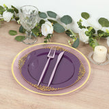 10-Pack Plastic 10inch Round Dinner Plates in Purple with Gold Leaf Embossed Rim Disposable Vintage