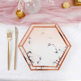 50 Pack | Blush/Rose Gold Marble 10/8inch Paper Plates, Disposable Hexagon Plates With Gold Foil Rim