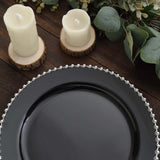 10 Pack | 10inch Black / Silver Beaded Rim Disposable Dinner Plates, Round Plastic Party Plates