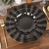 6inch Black Heavy Duty Disposable Salad Plates with Gold Ruffled Rim, Disposable Dessert Dinnerware