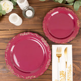 10 Pack | 10inch Burgundy With Gold Vintage Rim Disposable Dinner Plates With Embossed 