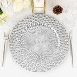 6 Pack | 13inch Silver Peacock Pattern Plastic Charger Plates, Round Disposable Serving Trays