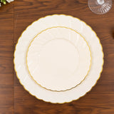 10 Pack 10" Ivory Gold Flair Rim Disposable Dinner Plates, Round Plastic Party Plates