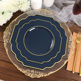 11inch Navy Blue Plastic Dinner Plates, Disposable Tableware, Baroque Heavy Duty Plates Gold Rim