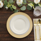 10 Pack White Disposable Party Plates With Beige Gold Spiral Rim, 10" Round Plastic Dinner 