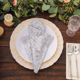 Silver Geometric Diamond Glitz Sequin Dinner Napkins, Decorative Reusable Cloth Napkins