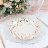 25 Pack | 9inch White Metallic Rose Gold Polka Dot Dinner Paper Plates