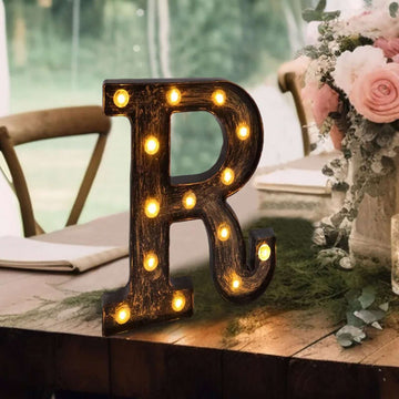 LED Marquee Letter "R" Industrial Style Antique Black - Light-Up Alphabet Sign for Weddings & Displays 9"