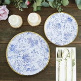 25 Pack | 9inch Blue Chinoiserie Floral Disposable Dinner Plates with Gold Rim