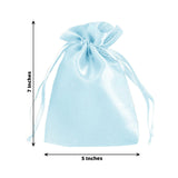 Light blue satin drawstring bag, 7 inches tall and 5 inches wide.