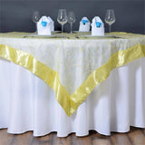 60"x60" Yellow Satin Edge Embroidered Sheer Organza Square Table Overlay#whtbkgd