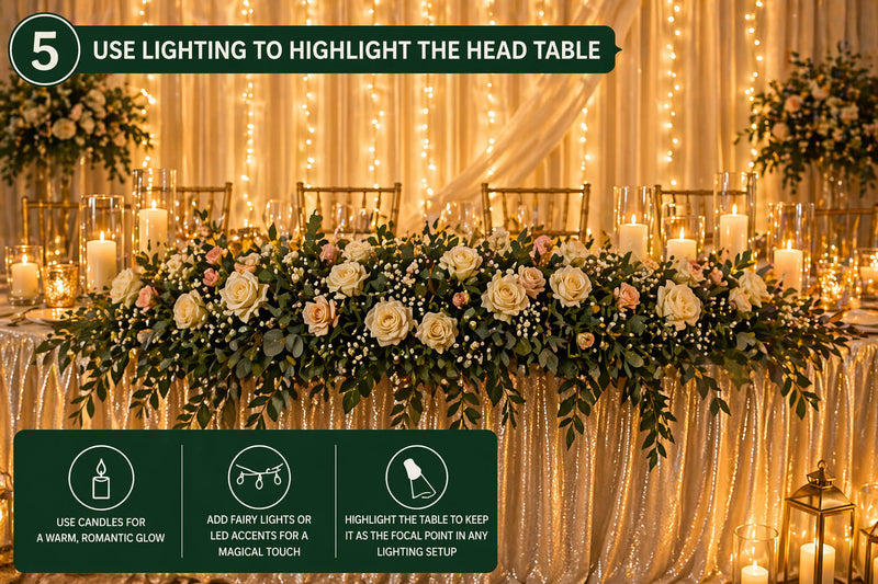 Floral head table with candles and fairy lights