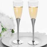 6 Pack | 5oz Clear / Silver Plastic Champagne Flutes, Disposable Glasses With Detachable Base