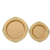 10 Pack | 10inch Gold Leaf Embossed Baroque Plastic Dinner Plates, Vintage Round Dinner Plates