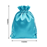 Turquoise satin drawstring bag, 5x7 inches, ideal for gifts or storage.